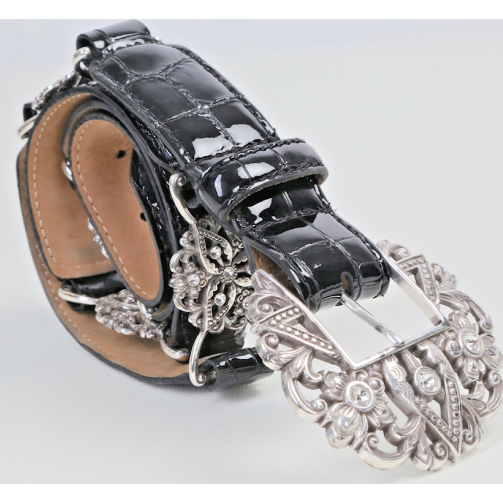 Vintage Brighton Black Croc Embossed Leather Belt Silver Crystal Buckle Size 38